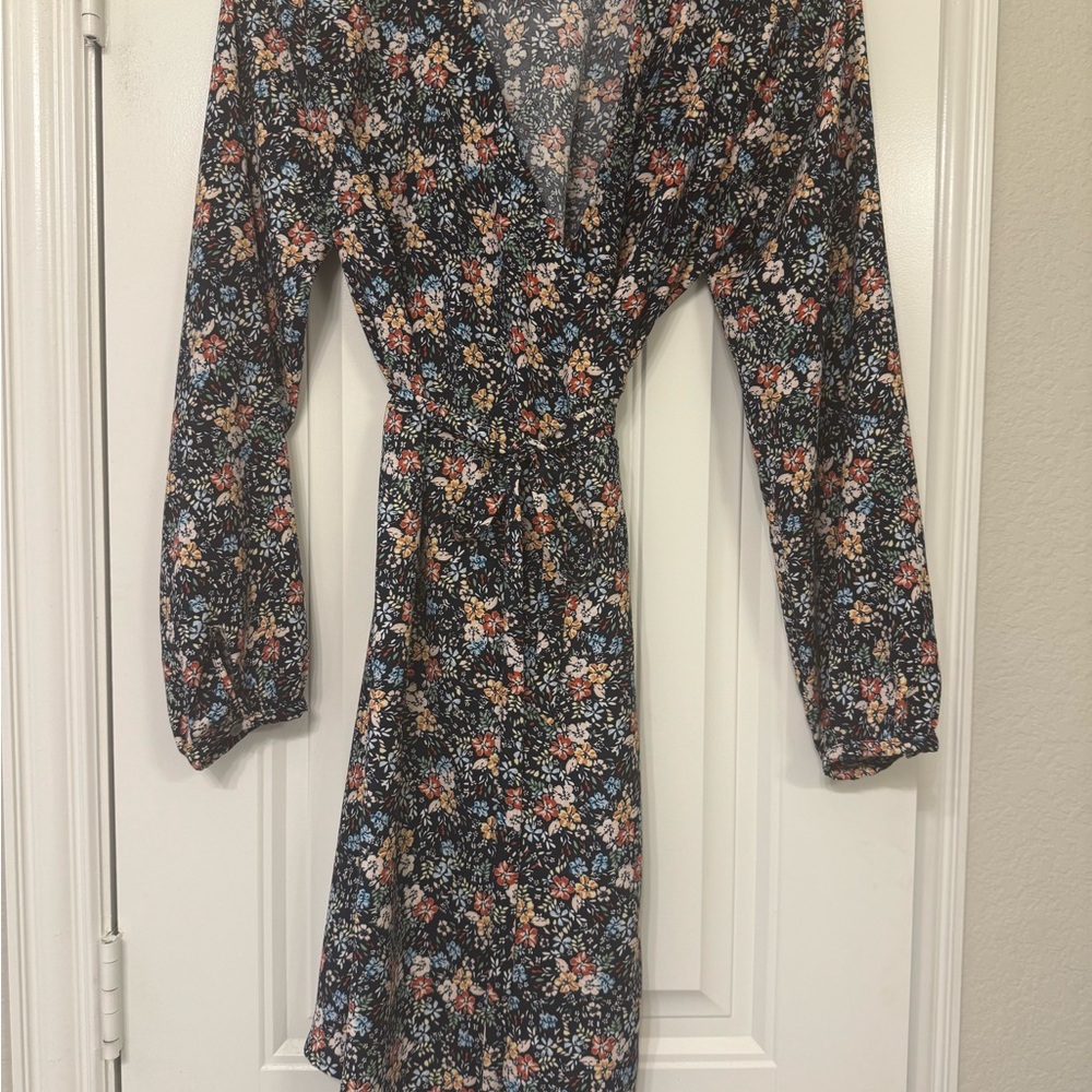 LOFT Navy Multicolor Floral Long Sleeve Wrap Dress